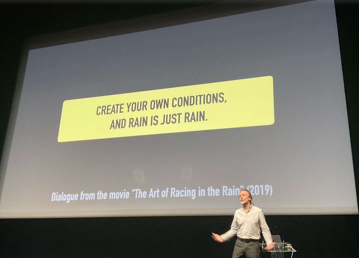 Andrea Provaglio's closing slide — "Create your own conditions, and rain is just rain."