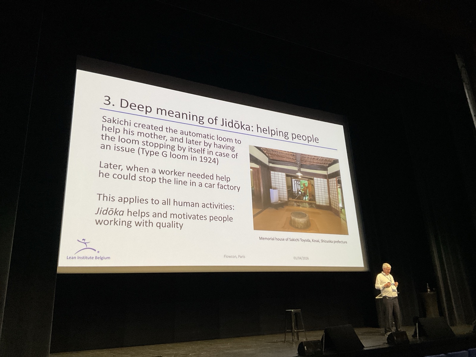 Pierre Masai's slide on the deeper meaning of Jidoka — helping and motivating people to work with quality