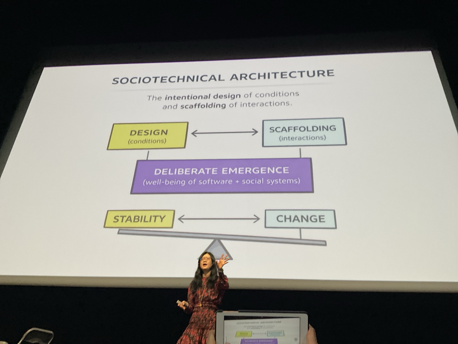 Xin Yao presenting her "Sociotechnical Architecture" slide — design and scaffolding leading to deliberate emergence, balanced between stability and change